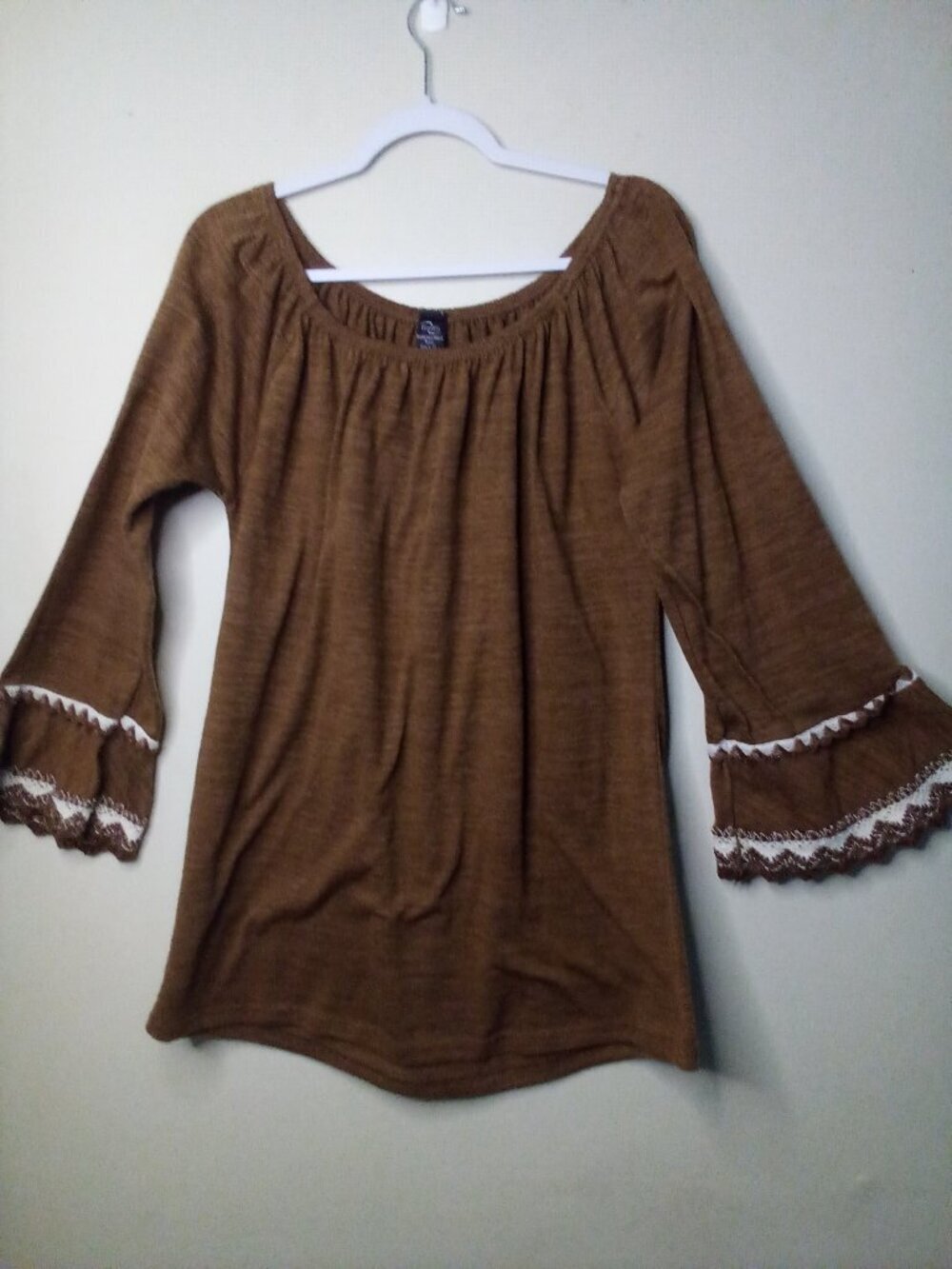 WinWin Blouse Tunic Women L XL Double Lace Sleeve Crochet Brown